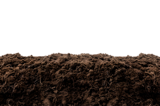 Fertile soil closeup, texture background. Black ground surface for gardening season. Soil isolated on white background