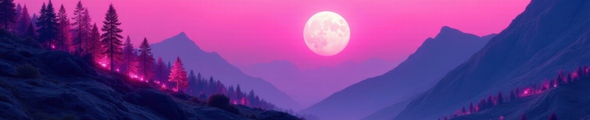 Pink moonlit mountainside with glowing trees and futuristic terrain, glow, terrain