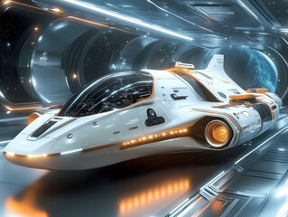 futuristic white spaceship in a sleek metallic tunnel, glowing blue accents