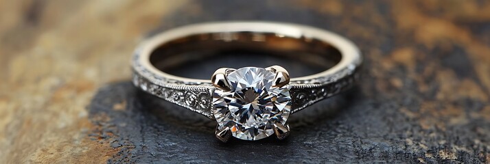 Elegant engagement ring with a radiant diamond on a textured charcoal gray surface