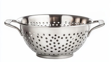 Stainless steel colander with handles, perfect for draining pasta or washing fruits and vegetables, isolated on a white background.