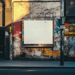 Blank billboard mockup hanging on weathered wall of an old building with peeling paint and dirty surface. Urban street area, ad banner, poster template