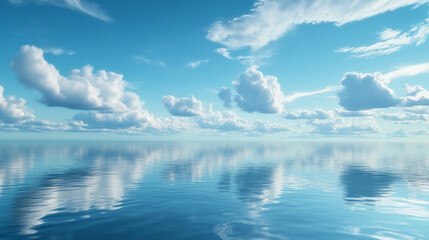 Fototapeta premium Panorama of sea with calm water surface and clouds in sky. Vector cartoon illustration of panoramic landscape of ocean bay, harbor or lake in daytime. Tropical seascape and marine horizon