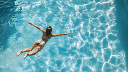 Aerial view of a swimming pool with crystal clear water and sunlight reflections, person floating with arms outstretched, relaxation, summer vibes, turquoise water, ripples