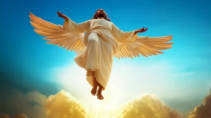 Jesus ascending, surrounded by a multitude of angels. Bible stories. Easter resurrection holiday.
