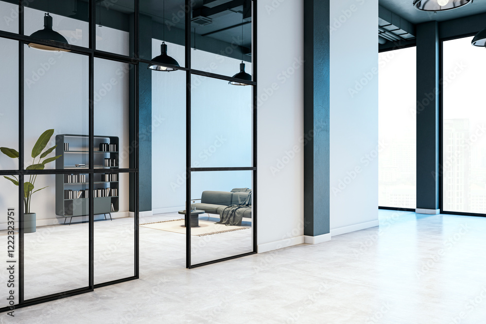 Poster modern office interior with glass partitions and furniture in a bright space. 3d rendering