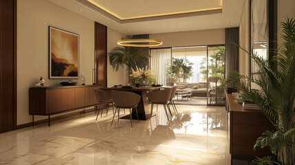 Fototapeta premium modern open plan luxury apartment living room dining room design with wooden accents and large windows