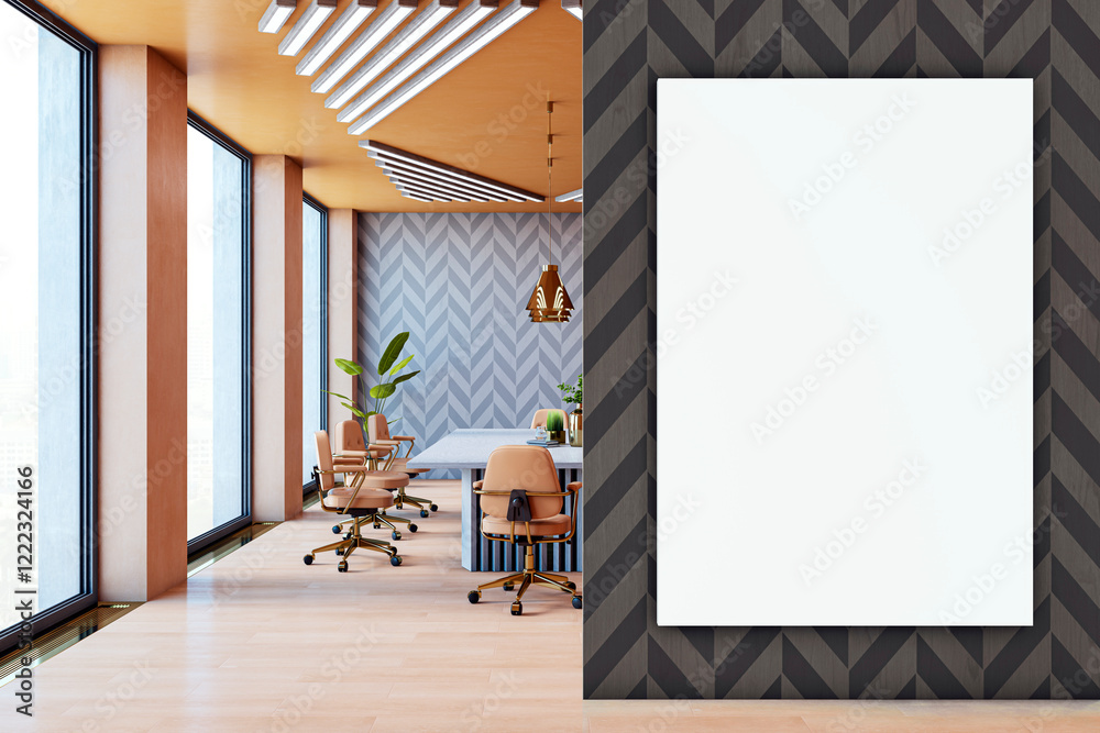 Poster modern conference room interior with blank vertical canvas on patterned wall. 3d rendering