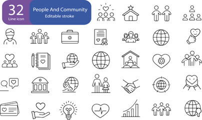 community and people icons with outline designs for teamwork, social interaction, diversity, charity, global connection, and partnership themes