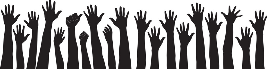 Obraz premium Collection of raised hand silhouettes in various positions symbolizing unity, diversity, teamwork, and support, perfect for creative graphic designs.