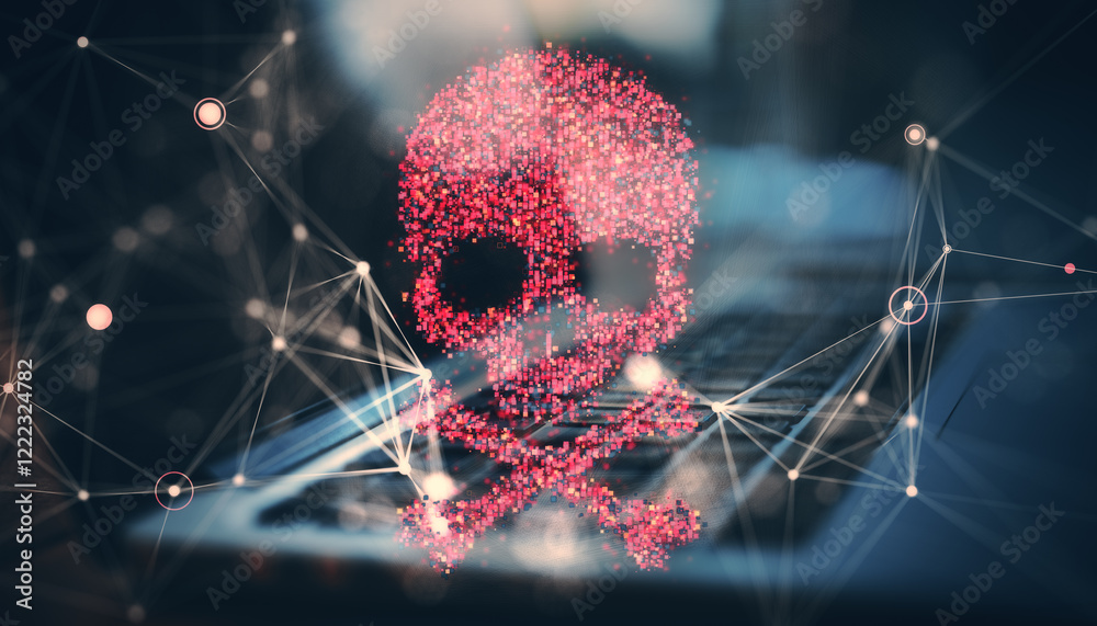 Poster Skull symbol in pixels above a laptop keyboard. 3D Rendering
