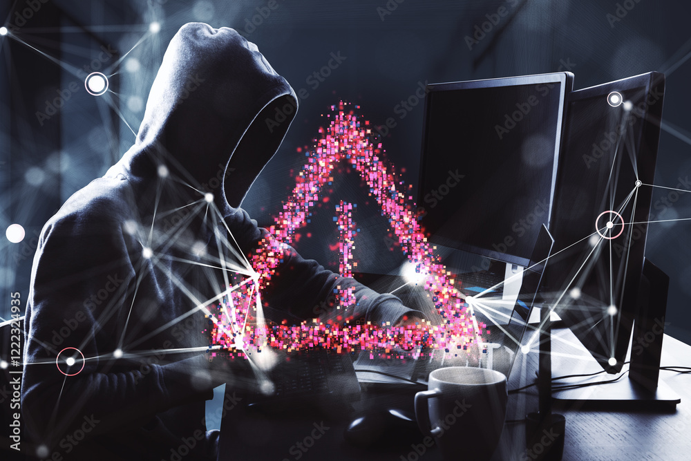 Aufkleber Hacker in a hoodie with a glowing red warning symbol on a digital background. 3D Rendering