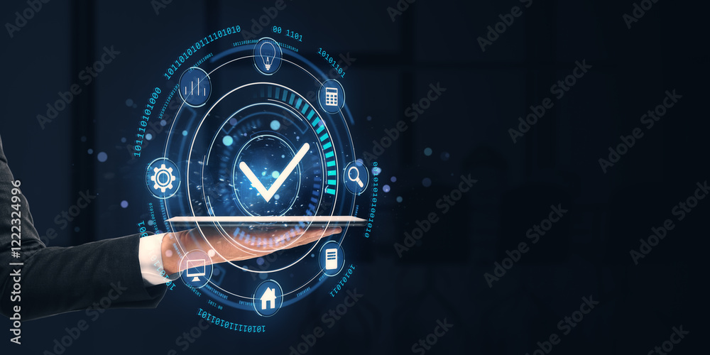 Poster digital checkmark hologram interface held by hand on dark background.