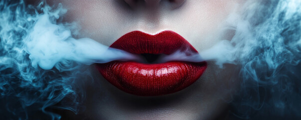 Fototapeta premium Close-up of lips with vibrant lipstick and smoke effect