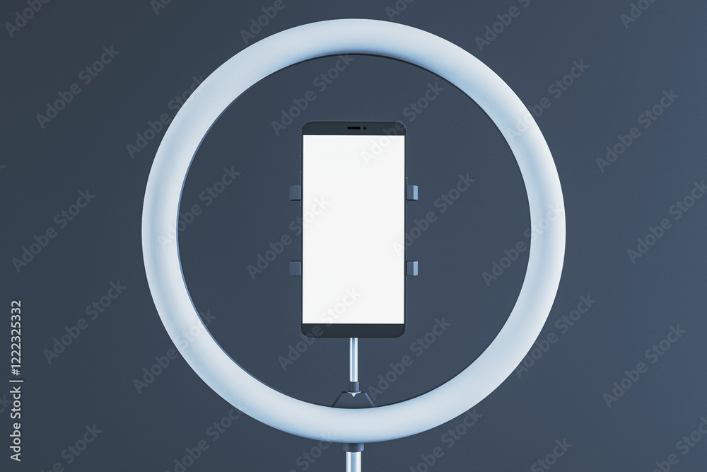 Poster smartphone in ring light holder on dark background. 3d rendering
