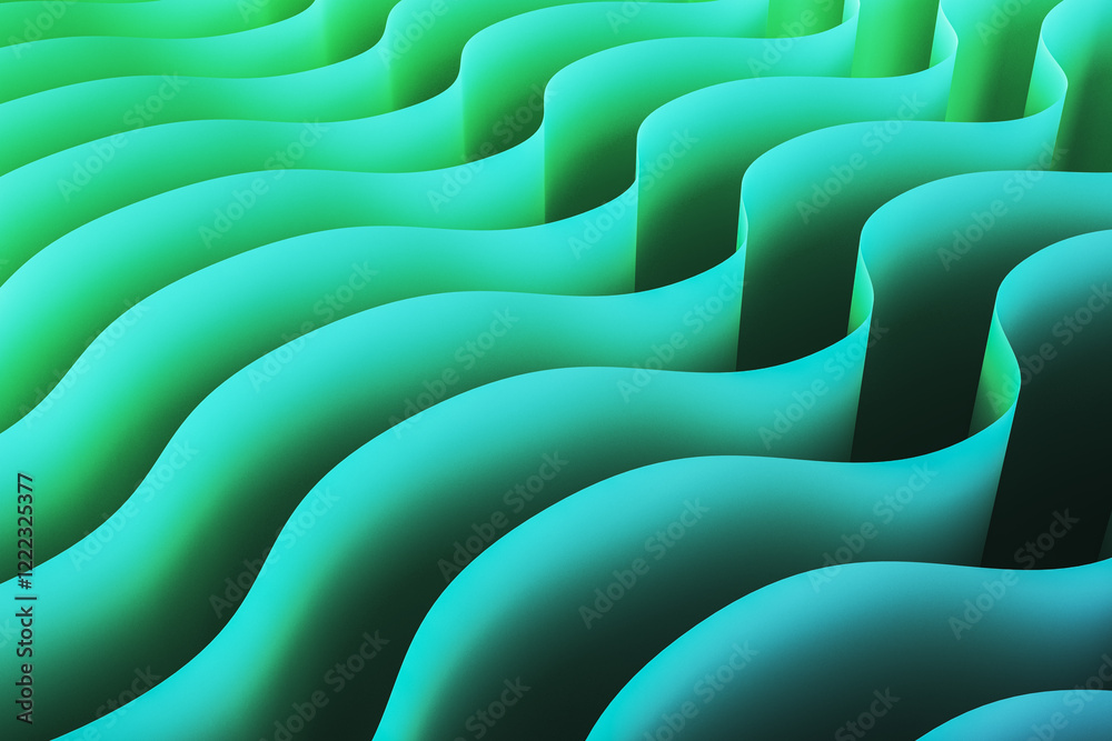 Poster Abstract green wave patterns with gradient light effect. 3D Rendering