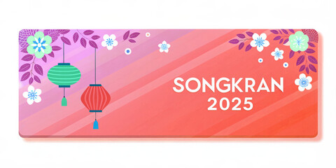 Naklejka premium Colorful Songkran 2025 banner with lanterns and flowers, celebrating Thai New Year