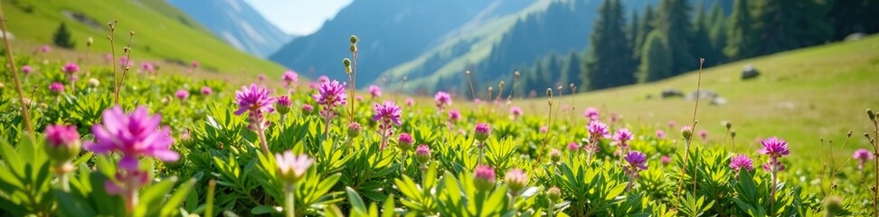 Fototapeta premium Alpine meadow with Epilobium angustifolium flowers, nature, spring