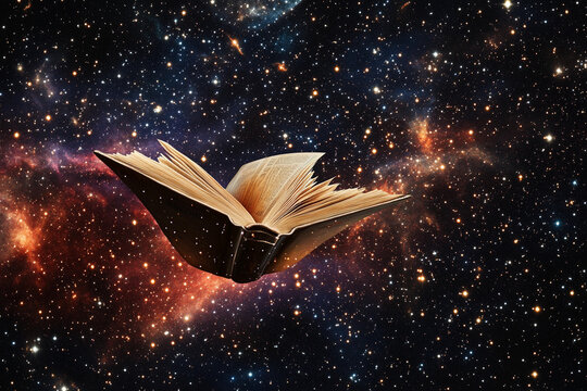 A book floats in space with a distant planet surrounded by stars, symbolizing knowledge and exploration in the universe