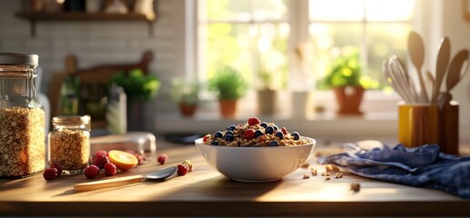 A Delicious and Healthy Breakfast: Granola with Berries in a Sunny Kitchen
