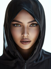 Naklejka premium An attractive Muslim female model, avant-garde black veil-head piece hoodie, zippers design covering her head and face in a mysterious way, white background.