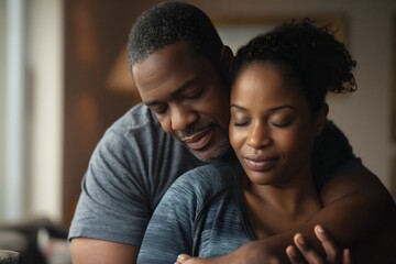 Obraz premium A new father embraces his partner, gently comforting her as she navigates emotional changes after childbirth. The warm, welcoming atmosphere highlights their mutual support
