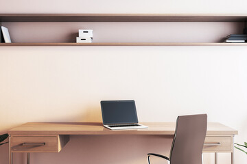 Minimalist workspace with wooden desk, laptop, chair, and wall shelf in neutral beige interior. 3D Rendering