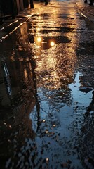Moody Night Street with Puddles Reflecting City Lights, Atmospheric Urban Landscape, Low Angle View, Rainy Evening Abstraction in Downtown, Calm and Reflective Street Scene, Generative AI