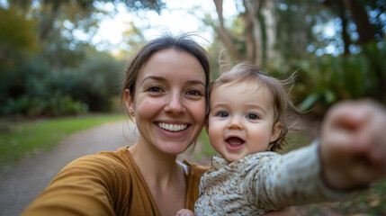 Smiling Mother and Baby Taking a Selfie Outdoors in Nature
