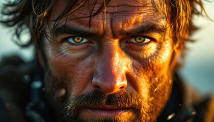 Obraz premium Intense close-up of caucasian male with focused eyes and weathered features