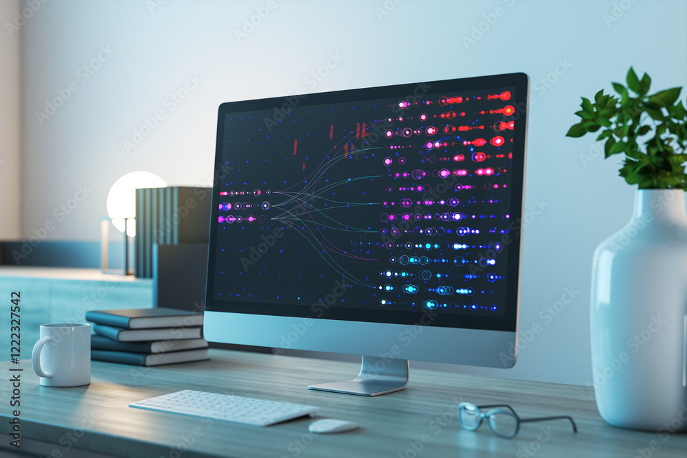 Aufkleber Modern office desk with a computer screen displaying colorful digital data visualization. 3D Rendering