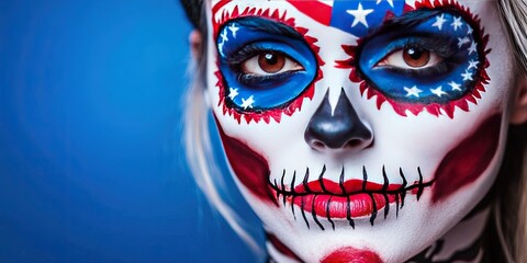 woman with patriotic american calavera facepaint --