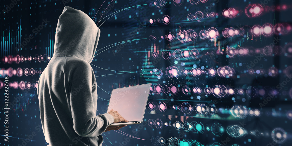 Aufkleber person in hoodie using laptop with digital abstract glowing interface in futuristic cyber background