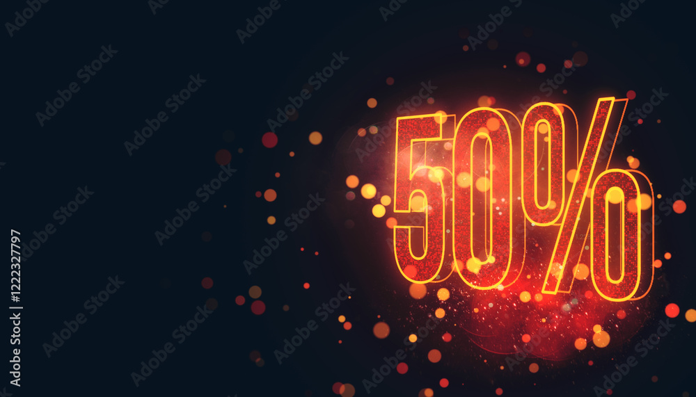 Poster 50 percent glowing discount text in neon orange on a black background with bokeh effect and abstract light particles. Perfect for promotions. 3D Rendering