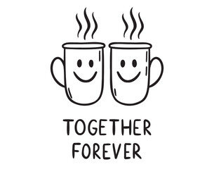 Cute friendship with cups of tea doodle hand drawn icon. Together forever concept. Outline drawing best friends emblem line clipart symbol