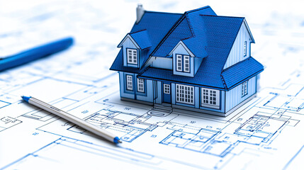 Detailed Architectural Blueprint of a House With a 3D Model on a Drafting Table Showcasing Design Elements and Construction Plans