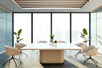 Modern conference room with beige chairs and a table, large windows showcasing city view, bright and spacious design. 3D Rendering