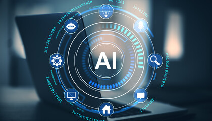 Futuristic AI interface with digital icons on a laptop screen in cyberspace.