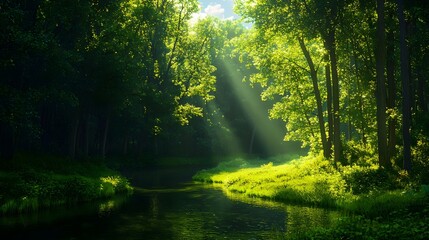 Obraz premium Lush Green Forest with Sunlight Streaming over Tranquil River