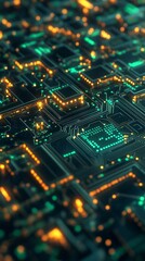 Obraz premium Maze of Circuit Board Pathways Symbolizing Data Processing, Tech Innovation, and Complex Digital Systems with Glowing Microchips and Intricate Green and Gold Connections, Generative AI