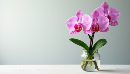 Fototapeta premium Pink orchid in a glass jar with green leaves and thin pink stripes, pink, flowers