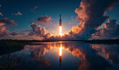 Ariane 6 European Launch Vehicle Liftoff at Sunset for 2024 Mission with Dramatic Sky and Reflective Waterscape, Generative AI