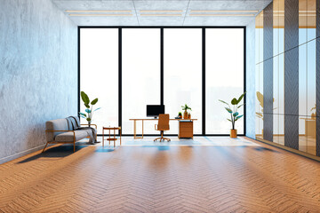 Modern office interior with wooden floor and large windows showcasing a city view. 3D Rendering