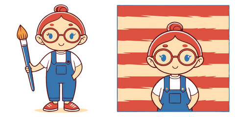 Cute girl with red hair and glasses holding paintbrush in overalls