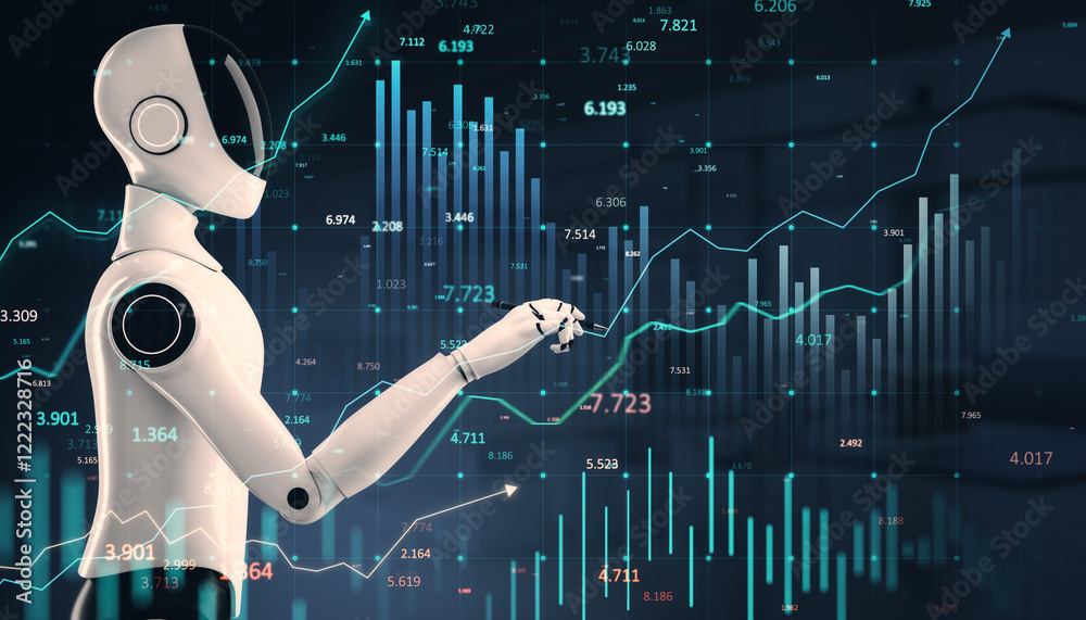 Fototapete Robot analyzing digital graphs and charts on futuristic interface background. 3D Rendering