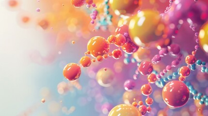 Abstract DNA helix with vibrant molecular structures symbolizing hormone balance and wellness, clean white background with ample copy space for text or design