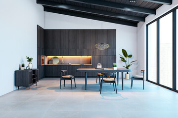 Modern kitchen interior with dark wooden furniture, dining table, chairs, and large windows showcasing a city view. 3D Rendering