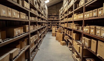 Fototapeta premium Expansive Warehouse Storage Interior with Shelves and Boxes - Industrial Logistics and Inventory Management Setting for Large-Scale Goods Distribution and Supply Chain Solutions, Generative AI