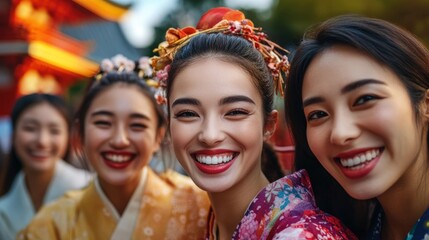 Fototapeta premium Friends taking a group photo at a Japanese temple, vibrant and lively surroundings