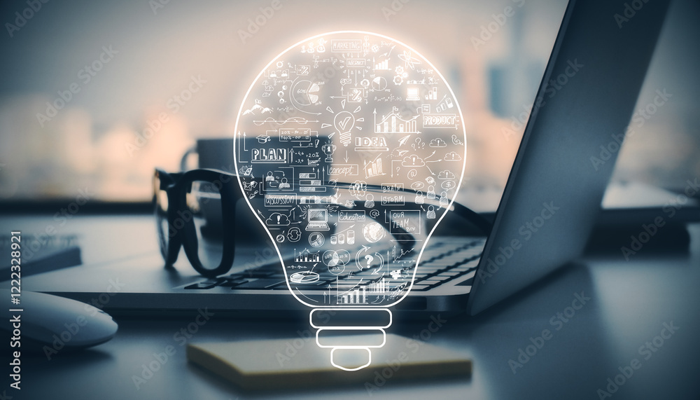 Poster abstract lightbulb with creative business sketches overlay on laptop background. concept of innovati